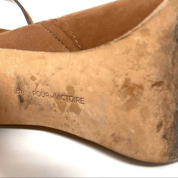 Pour La Victoire Suede Tan Brown 4" Wood Block Heel Peep Toe Mule Ankle Strap 6 - Picture 9 of 12